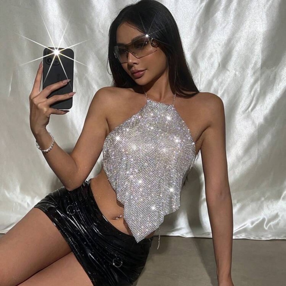EgrlEra Women's Asymmetric Hem Glamorous Metallic Mesh Rhinestone Halter Top